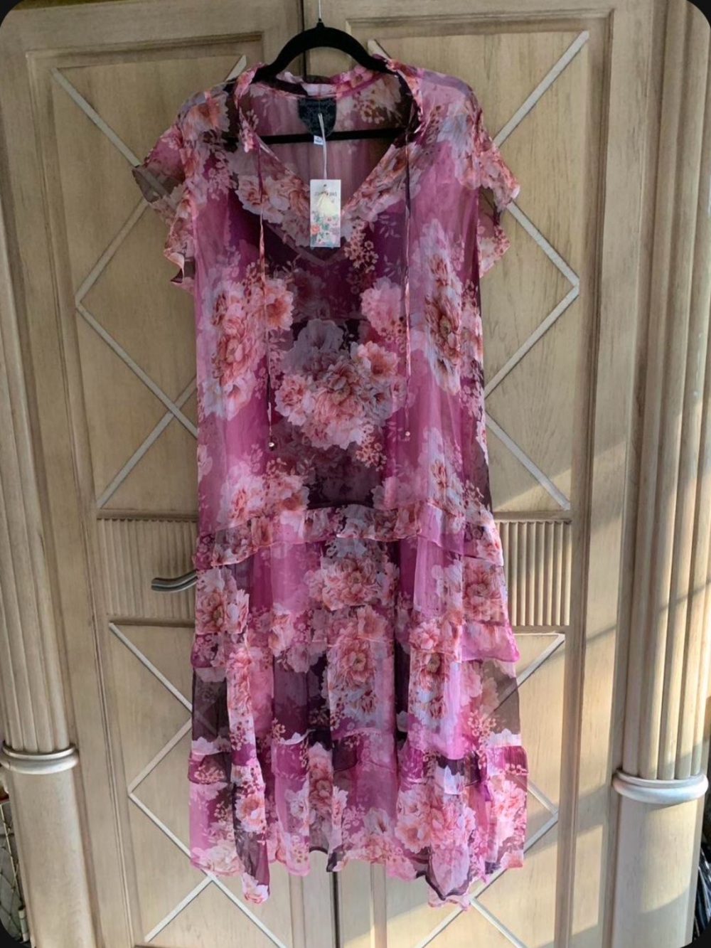Johnny Was Pink Floral Tiered Midi Dress